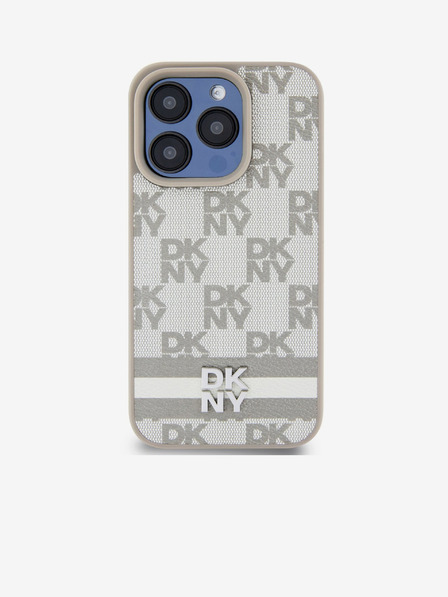 DKNY PU Leather Checkered Pattern and Stripe Back Cover pentru iPhone 13 Pro Bej DKNY