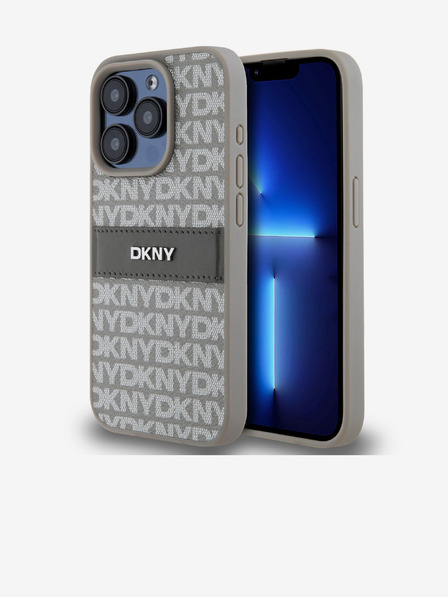 DKNY PU Leather Repeat Pattern Tonal Stripe Back Cover pentru iPhone 15 Pro bej DKNY