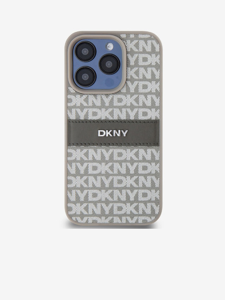 DKNY PU Leather Repeat Pattern Tonal Stripe Back Cover pentru iPhone 15 Pro bej DKNY