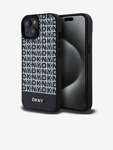 DKNY PU Leather Repeat Pattern Bottom Stripe MagSafe Back Cover pentru iPhone 15 negru DKNY