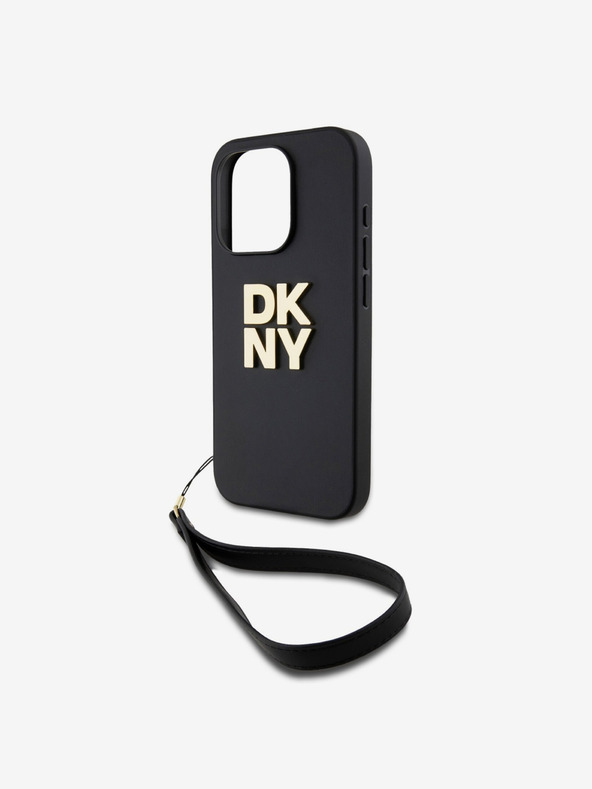 DKNY PU piele Stack Logo Wrist Strap Back Cover pentru iPhone 15 Pro Max negru DKNY