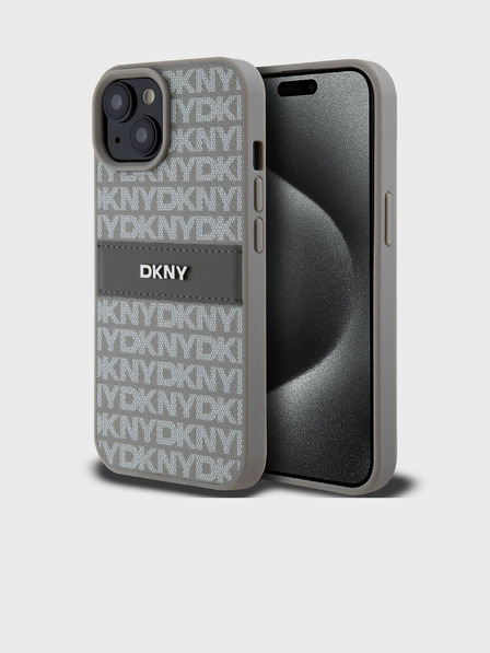DKNY PU Leather Repeat Pattern Tonal Stripe Back Cover pentru iPhone 15 bej DKNY