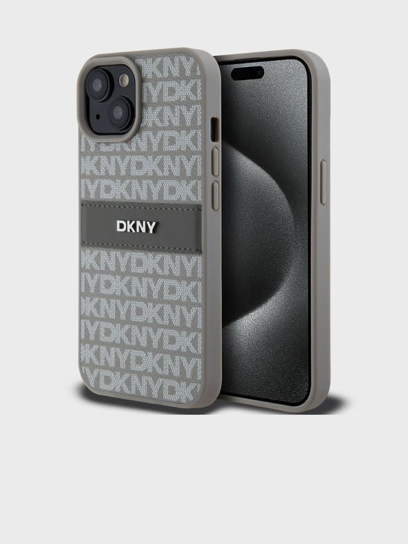 DKNY PU Leather Repeat Pattern Tonal Stripe Back Cover pentru iPhone 15 bej DKNY