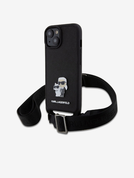 Karl Lagerfeld Karl Lagerfeld Saffiano Crossbody Strap Metal Karl și Choupette Back Cover pentru iPhone 15 Black