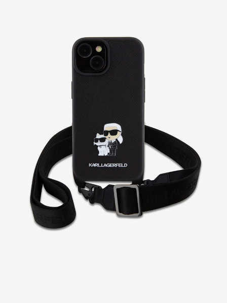 Karl Lagerfeld Karl Lagerfeld Saffiano Crossbody Strap Metal Karl și Choupette Back Cover pentru iPhone 15 Black