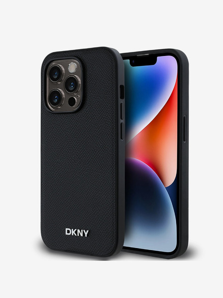 DKNY PU piele Silver Metal Logo Magsafe Back Cover pentru iPhone 14 Pro Max negru DKNY