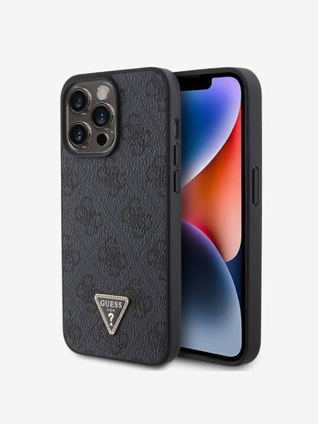 Guess PU 4G Strass Triangle Metal Logo Zadní Kryt pro iPhone 15 Pro Max Black Carcasa de telefon