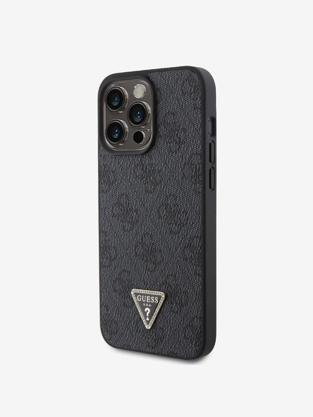 Guess PU 4G Strass Triangle Metal Logo Zadní Kryt pro iPhone 15 Pro Max Black Carcasa de telefon