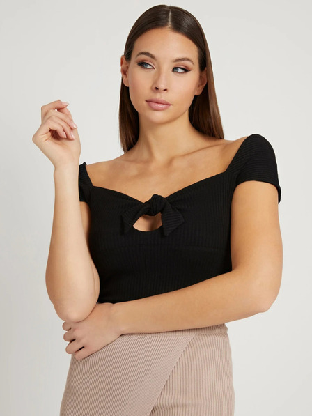 Guess Tricou croșetat cu nervuri pentru femei negru cu fundiță Guess Valeriana
