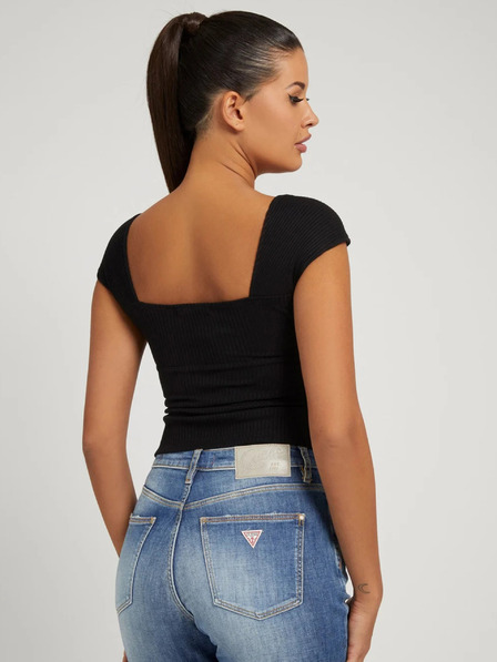 Guess Tricou croșetat cu nervuri pentru femei negru cu fundiță Guess Valeriana
