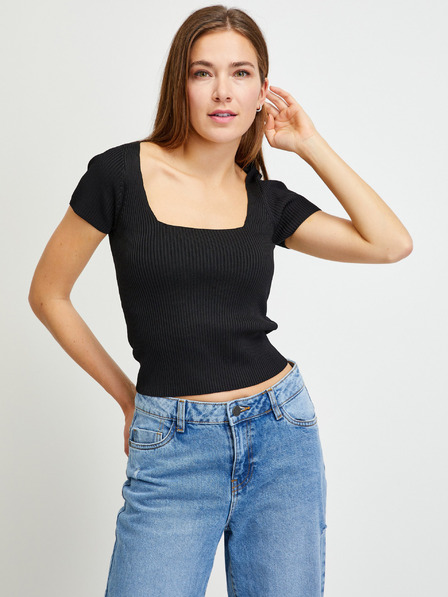 Guess Tricou negru cropped cu nervuri pentru femei Guess