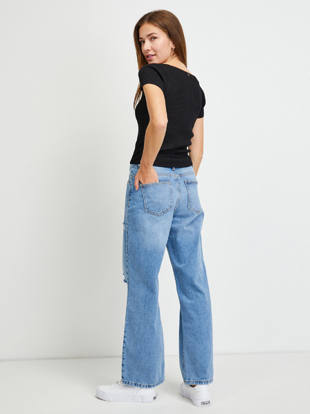 Guess Tricou negru cropped cu nervuri pentru femei Guess