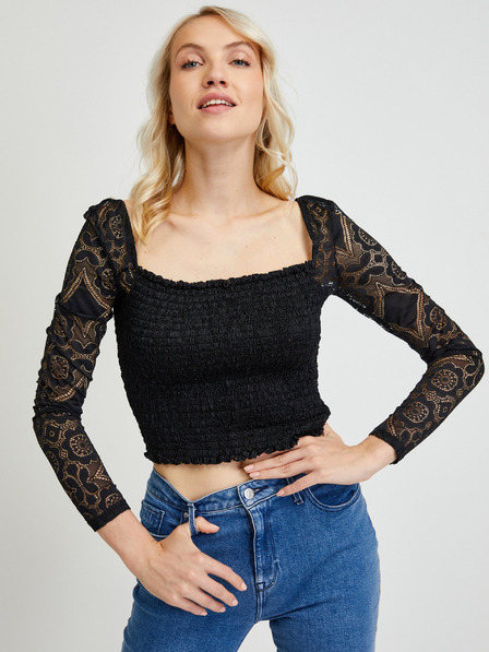 Guess Top negru pentru femei cu mâneci din dantelă Guess