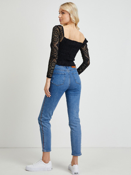 Guess Top negru pentru femei cu mâneci din dantelă Guess