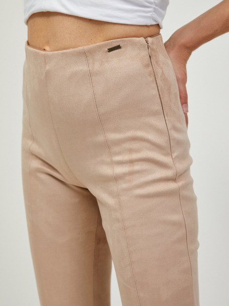 Guess Pantaloni slim fit bej pentru femei din piele întoarsă Guess Maya