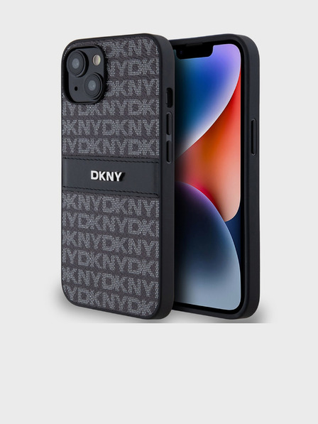 DKNY PU Leather Repeat Pattern Tonal Stripe Back Cover pentru iPhone 14 negru DKNY
