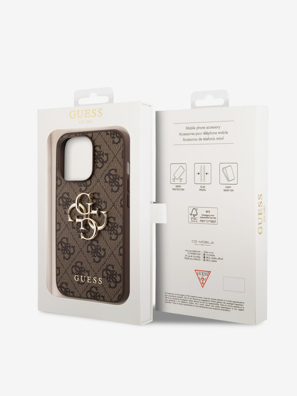 Guess PU 4G Metal Logo Zadní Kryt pro iPhone 14 Pro Max Brown Carcasa de telefon