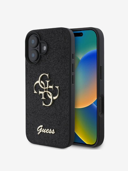 Guess Guess PU Fixed Glitter 4G Metal Logo Back Cover pentru iPhone 16 negru