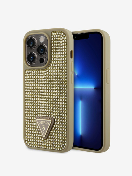 Guess Husă Guess cu logo metalic triunghiular cu pietre de stras pentru iPhone 15 Pro Gold