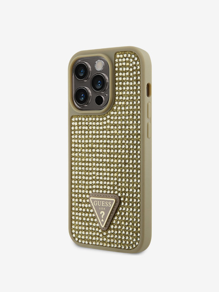 Guess Husă Guess cu logo metalic triunghiular cu pietre de stras pentru iPhone 15 Pro Gold