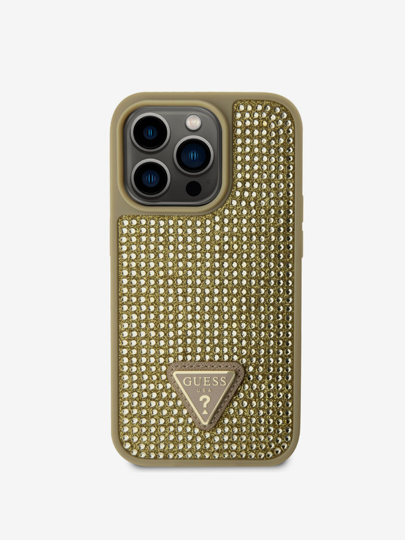 Guess Husă Guess cu logo metalic triunghiular cu pietre de stras pentru iPhone 15 Pro Gold