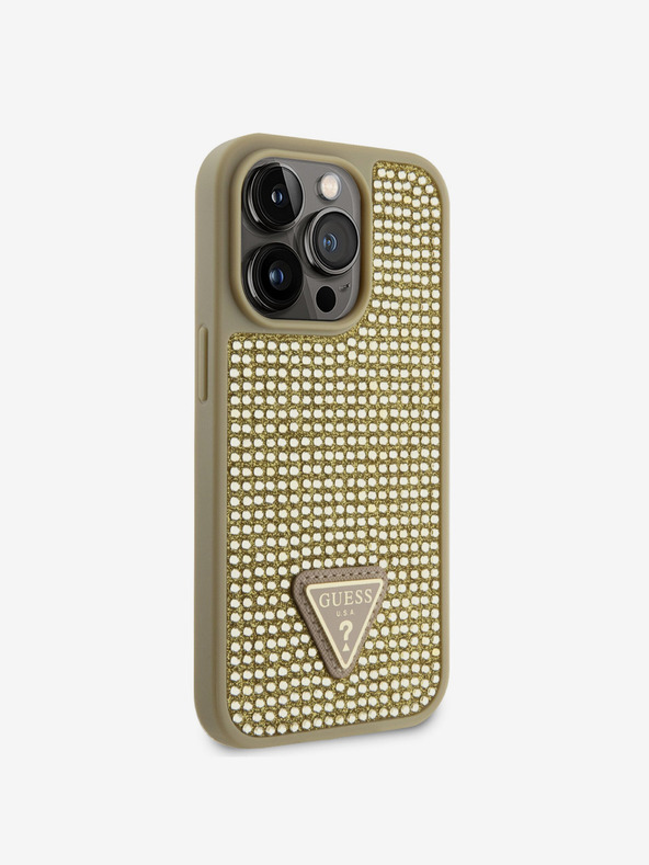 Guess Husă Guess cu logo metalic triunghiular cu pietre de stras pentru iPhone 15 Pro Gold