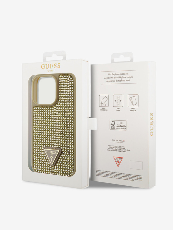 Guess Husă Guess cu logo metalic triunghiular cu pietre de stras pentru iPhone 15 Pro Gold