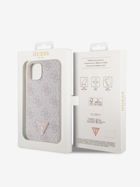Guess Guess PU 4G Strass Triangle Metal Logo Back Cover pentru iPhone 15 roz