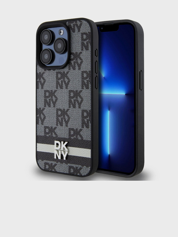 DKNY PU Leather Checkered Pattern and Stripe Back Cover pentru iPhone 12/12 Pro negru DKNY