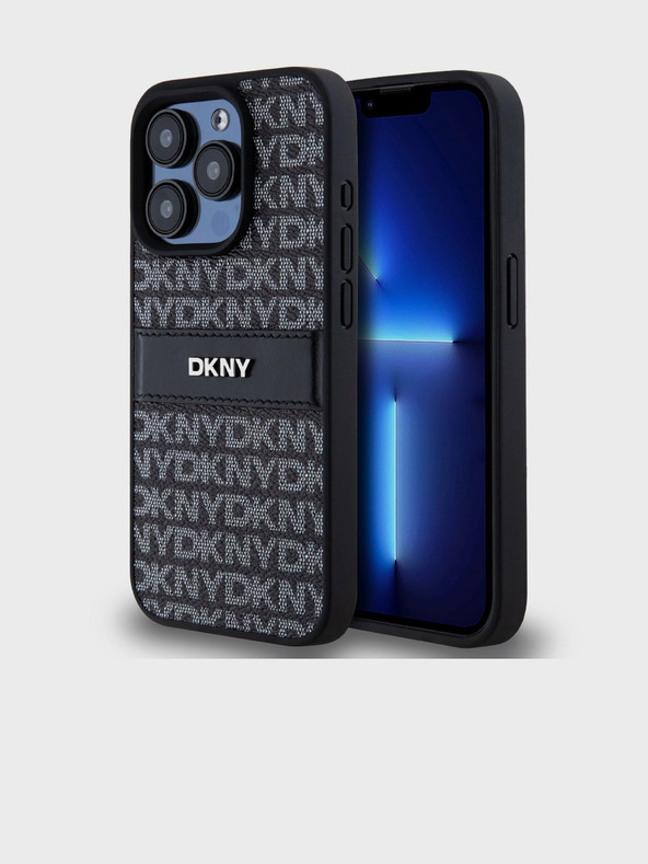 DKNY PU Leather Repeat Pattern Tonal Stripe Back Cover pentru iPhone 15 Pro negru DKNY