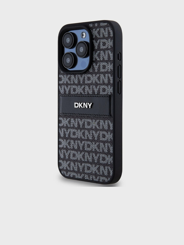 DKNY PU Leather Repeat Pattern Tonal Stripe Back Cover pentru iPhone 15 Pro negru DKNY
