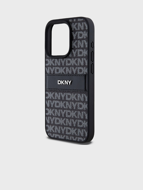 DKNY PU Leather Repeat Pattern Tonal Stripe Back Cover pentru iPhone 15 Pro negru DKNY