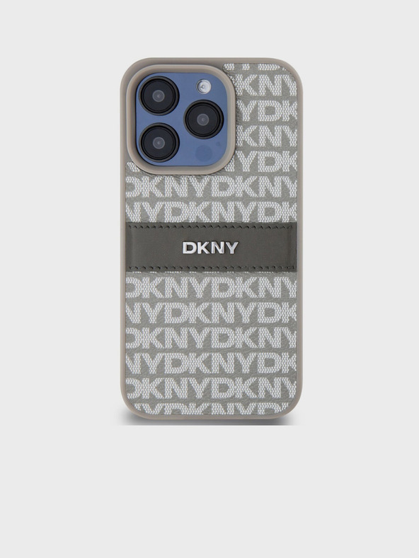 DKNY PU Leather Repeat Pattern Tonal Stripe Back Cover pentru iPhone 14 Pro Max Beige DKNY