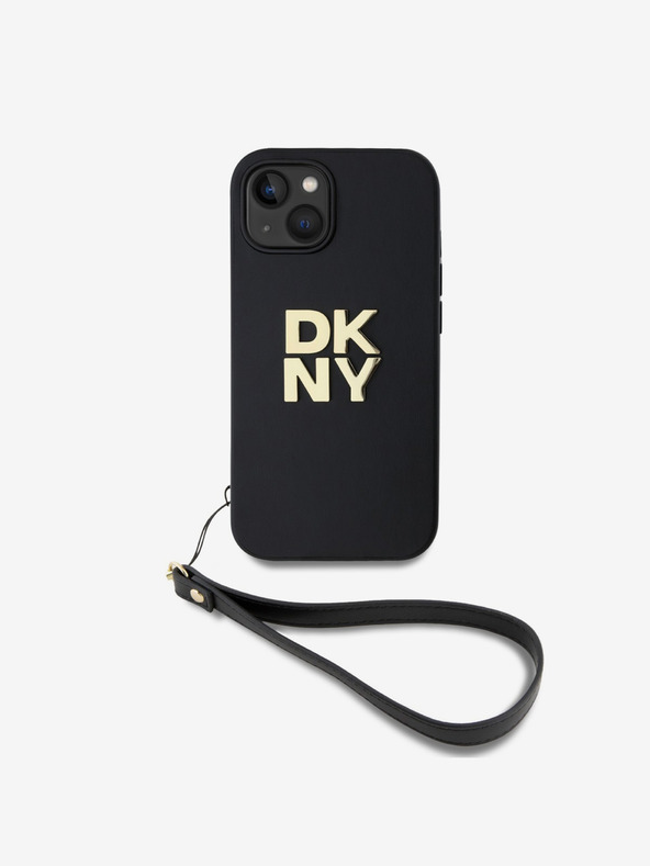 DKNY PU piele Stack Logo Wrist Strap Back Cover pentru iPhone 15 negru DKNY