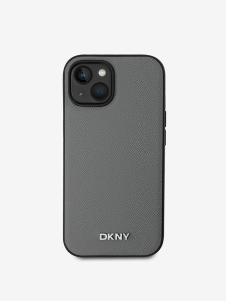 DKNY PU Leather Silver Metal Logo Magsafe Back Cover pentru iPhone 13 gri DKNY