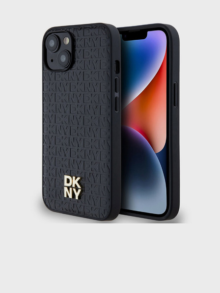 DKNY PU Leather Repeat Pattern Stack Logo Magsafe Back Cover pentru iPhone 15 negru DKNY