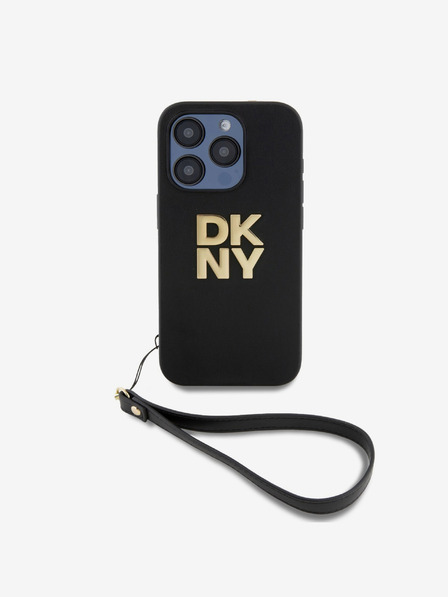 DKNY PU piele Stack Logo Wrist Strap Back Cover pentru iPhone 15 Pro negru DKNY