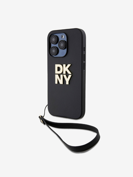 DKNY PU piele Stack Logo Wrist Strap Back Cover pentru iPhone 15 Pro negru DKNY