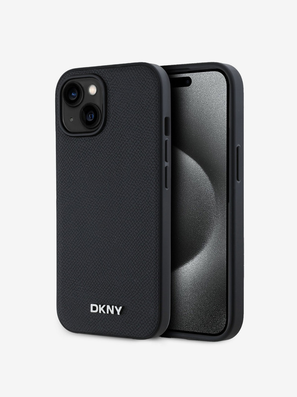 DKNY PU Leather Silver Metal Logo Magsafe Back Cover pentru iPhone 15 negru DKNY