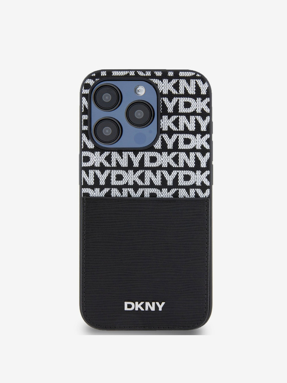 DKNY PU piele Repeat Pattern Card Pocket Back Cover pentru iPhone 15 Pro Max negru DKNY
