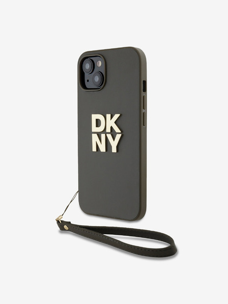 DKNY PU piele Stack Logo Wrist Strap Back Cover pentru iPhone 14 Brown DKNY