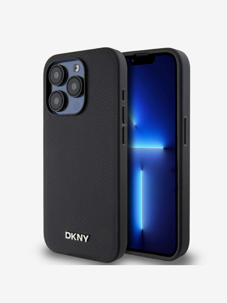 DKNY PU piele Silver Metal Logo Magsafe Back Cover pentru iPhone 15 Pro Max negru DKNY