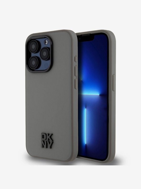 DKNY PU piele Stack Logo Magsafe Back Cover pentru iPhone 15 Pro Max gri DKNY