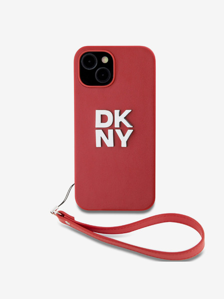 DKNY PU piele Stack Logo Wrist Strap Back Cover pentru iPhone 14 roșu DKNY