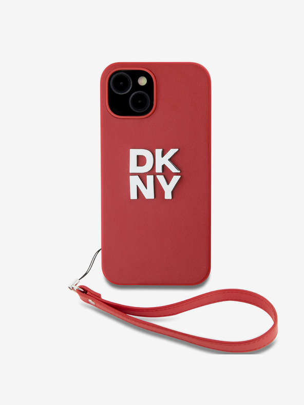 DKNY PU piele Stack Logo Wrist Strap Back Cover pentru iPhone 14 roșu DKNY