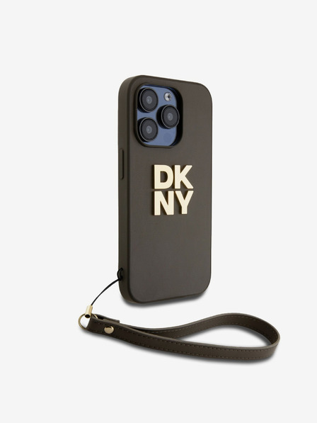 DKNY PU piele Stack Logo Wrist Strap Back Cover pentru iPhone 14 Pro Brown DKNY