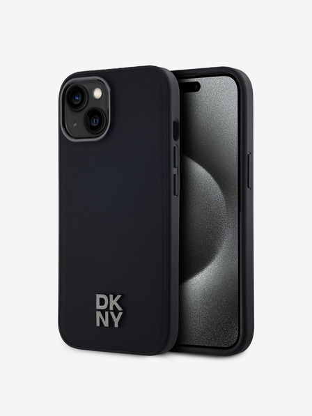 DKNY PU piele Stack Logo Magsafe Back Cover pentru iPhone 15 negru DKNY