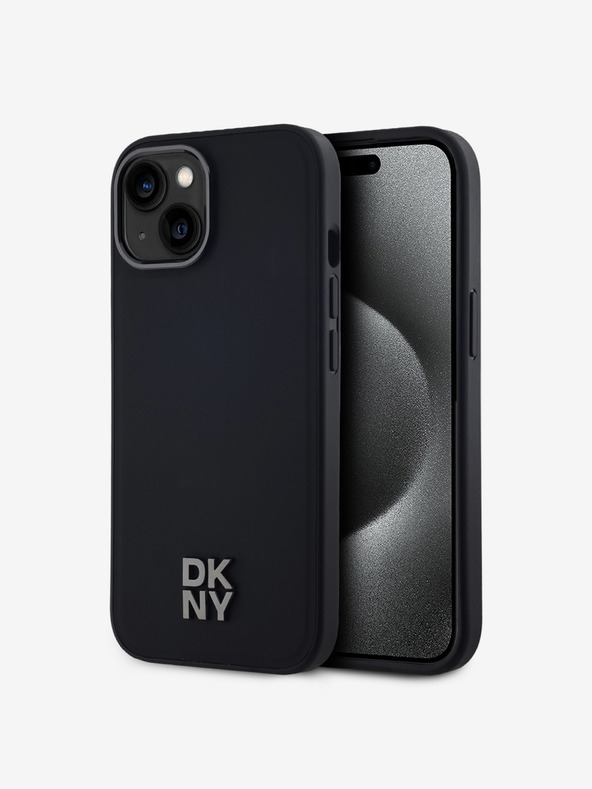 DKNY PU piele Stack Logo Magsafe Back Cover pentru iPhone 15 negru DKNY