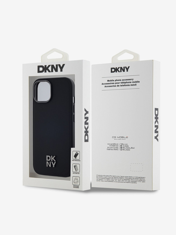 DKNY PU piele Stack Logo Magsafe Back Cover pentru iPhone 15 negru DKNY