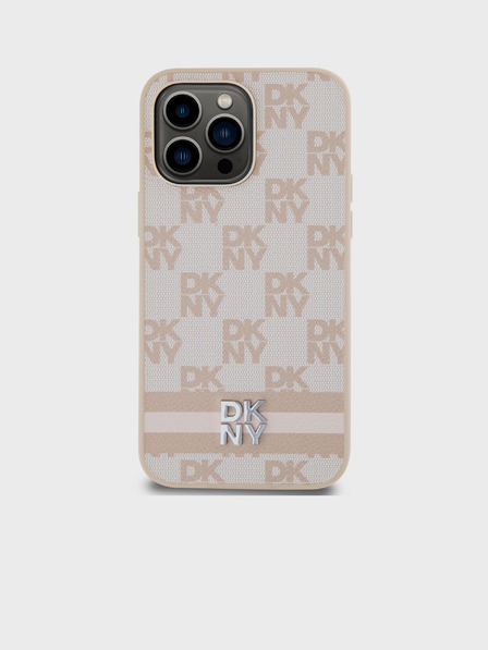 DKNY PU Leather Checkered Pattern și Stripe Back Cover pentru iPhone 15 Pro Max roz DKNY